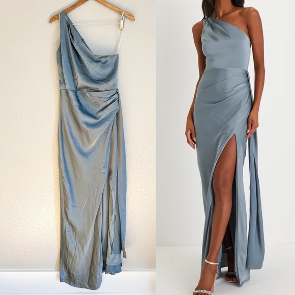 Signature Elegance Slate Blue Satin One-Shoulder Maxi Dress - Picture 1 of 6